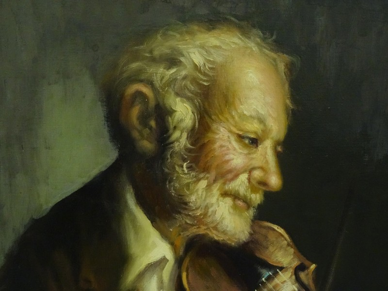 FABULOUS EARLY 20c. SIGNED (ILLEGIBLE) OIL PAINTING OF FIDDLE PLAYER ~ 24" x 36" gallery