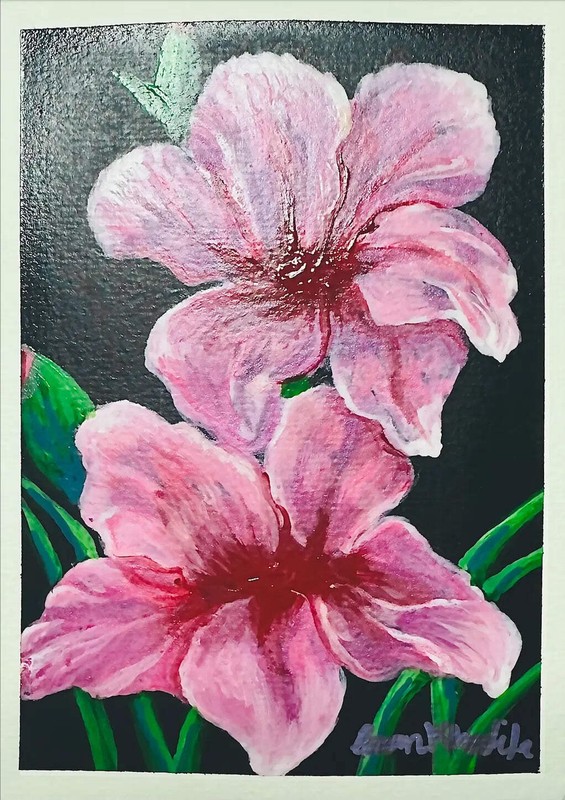 Pink Blossom Embrace – Original Painting, Pink Lillies on Dark Background, by Em