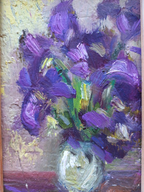 Original Painting purple irises Art Impressionistic Oil 6 x 4 in