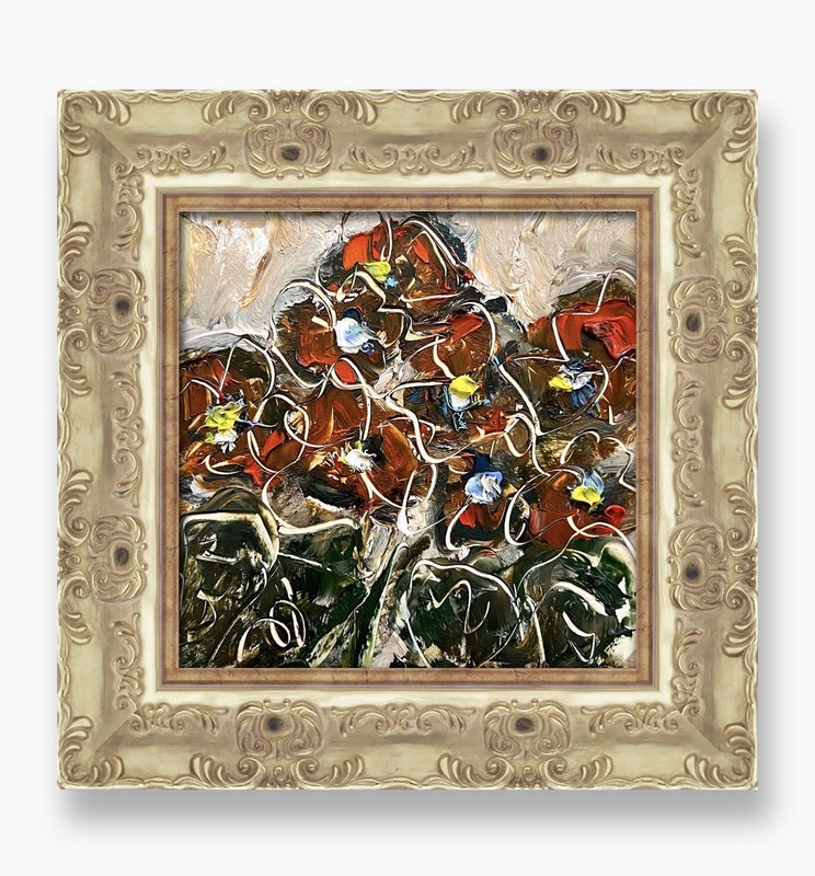 Framed Geraniums Art Semi Abstract Red Geranium Flowers Original Oil Painting 6”