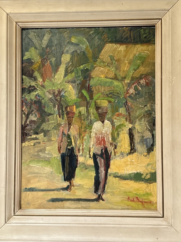 MID CENTURY PAINTING INDIA OR MOROCCO SIGNED IMPRESSIONIST VILLAGE WORKERS OIL gallery