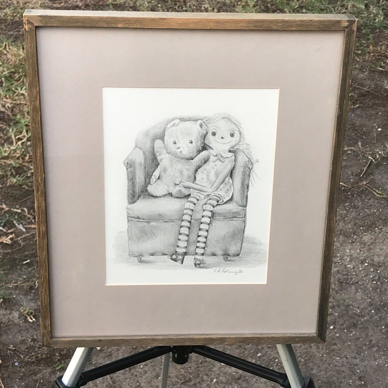 EDGAR HOLLOWAY Original 1984 MODERN VINTAGE ‘Doll & Bear’ SIGNED PENCIL DRAWING
