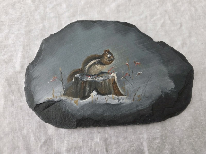 Chipmunk Vtg Signed Painting Hand Painted Art Slate Stone Slab Cottage Snow gallery