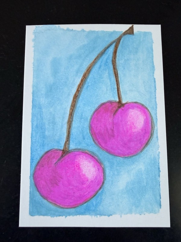 ACEO Original Colored Pencil And Watercolor Art Card Cherry 2.5 x 3.5 Signed