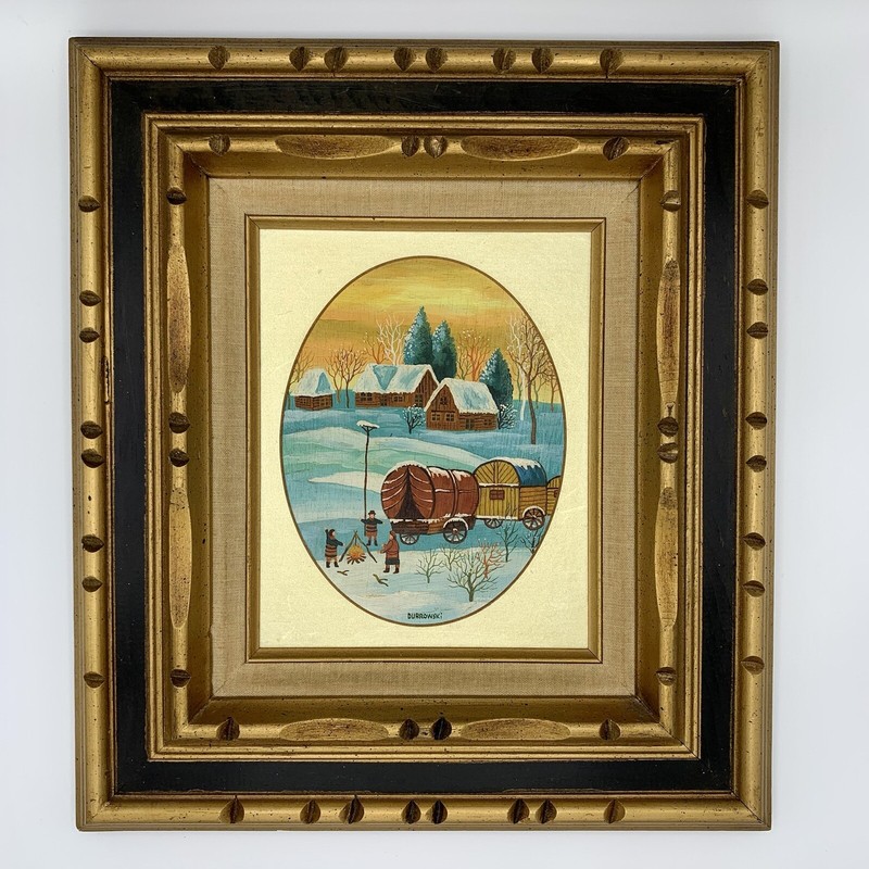 Vintage Framed Winter Oil Painting 16×18 Snow Scene Primitive Folk SIGNED 1950s