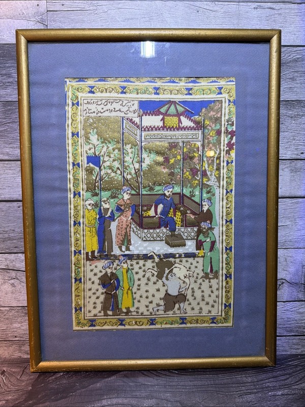 Vintage Persian Miniature Painting on Silk Framed Wrestling Court Art 15×11