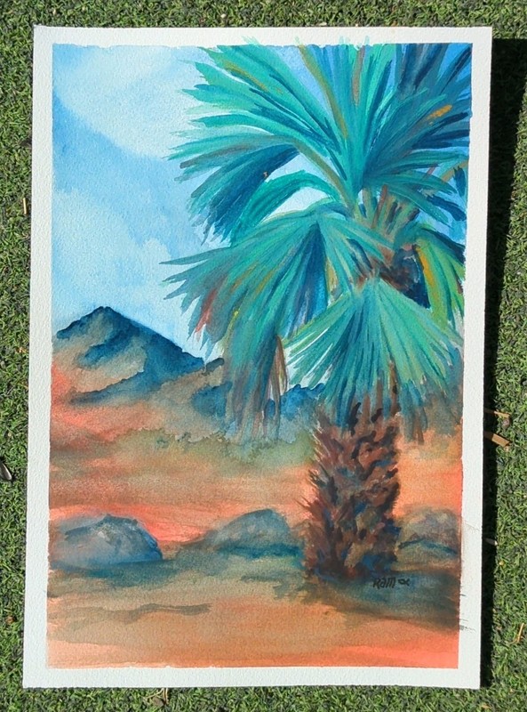Lone Palm Desert Gouache Watercolor RAMfish Artist 7X10 Shields Date Farm Indio