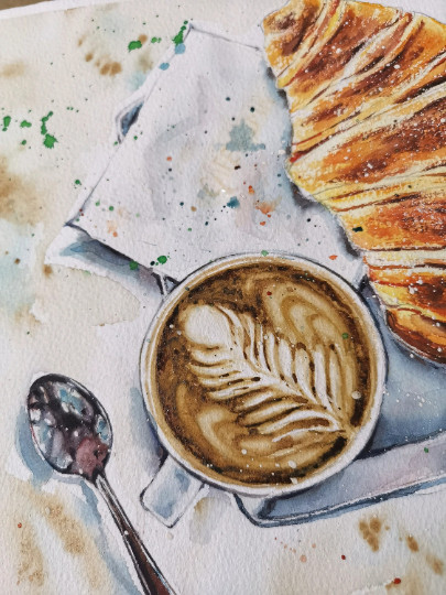 Original watercolor painting Croissant painting Coffee artwork Food art 10"x14" gallery