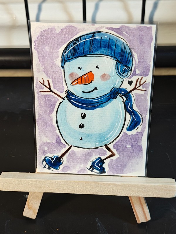 ACEO original mini art card 2.5 x 3.5 watercolor Holiday Art Snowman cute xmas
