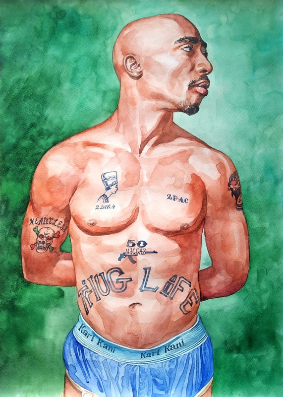 11,69 × 16,53″ Tupac Shakur ~2Pac~ watercolor SIGNED/DATED