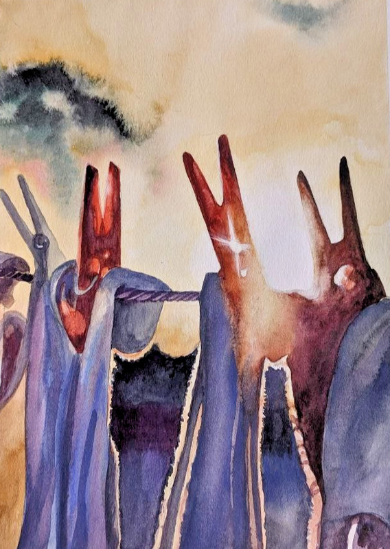 Semi-Abstract Watercolor Painting Sunbeam Clothespins Laundry Line Sunset Art