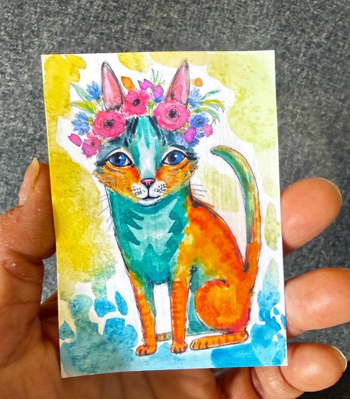 Flower Crown Cat ACEO Original Watercolor Painting OOAK Cat Art by AdriO gallery