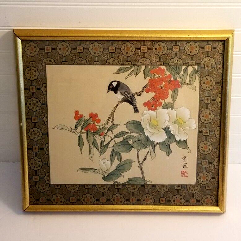 Vintage Chinese SILK PAINTING Textile Border Bird Tree Flowers 17x15 Gold Frame gallery