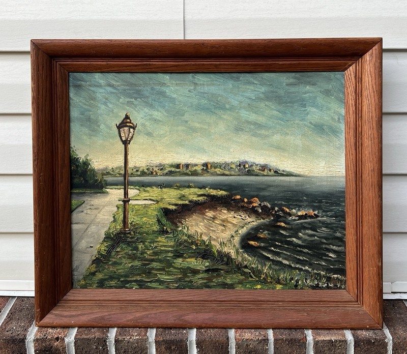 VINTAGE MCM FRAMED OIL ON CANVAS FERRY POINT PARK BRONX , NEW YORK NY 1958? WOW