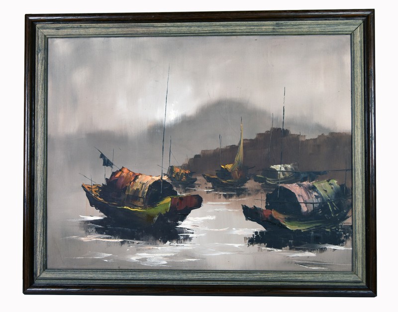 23″ Vintage Oil Painting Canvas Signed W. Chan Impressionism Junk Boats Seascape