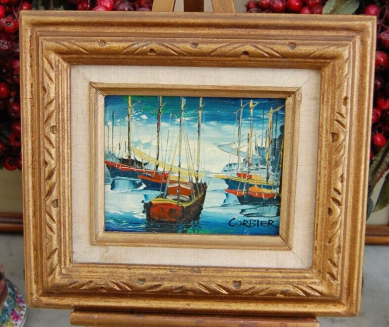 FRAMED SMALL VTG ORIGINAL IMPRESSIONIST OIL FISHING BOATS MARINA ARTIST: CORBIER gallery