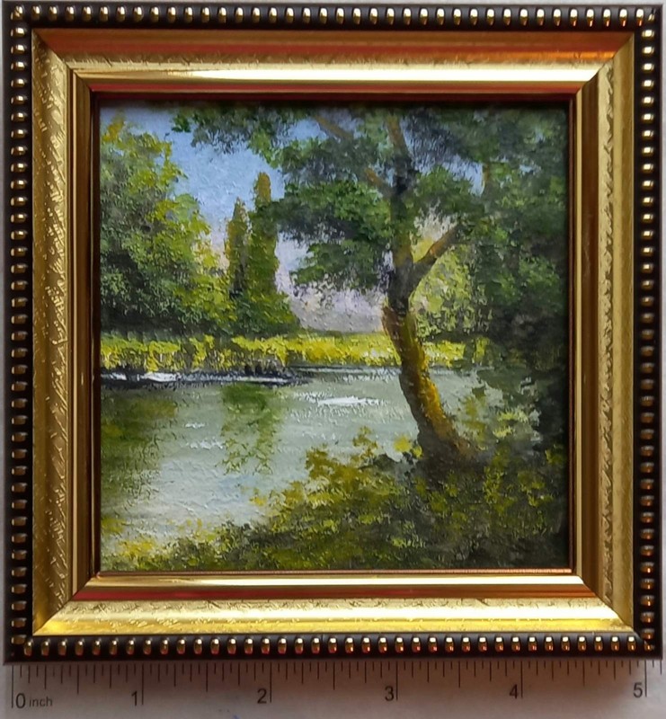 Original Oil Painting Landscape Summer Lake and Forest Framed Wall Art 4 x 4 in gallery