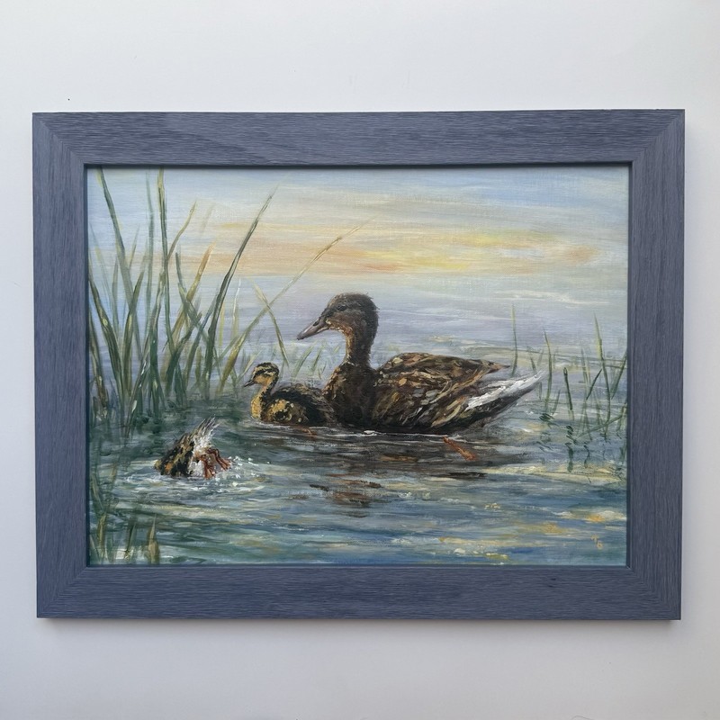 Original Mallard Duck And Ducklings Painting, Wildlife Art, Framed Canvas Panel gallery