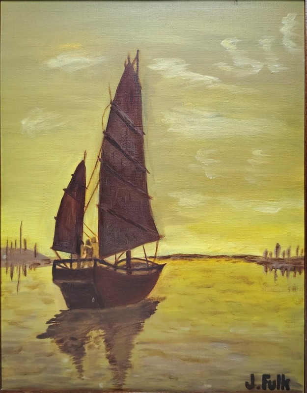 Vintage Original Painting Chinese Junk Boat at Sunset SIGNED Framed Canvas