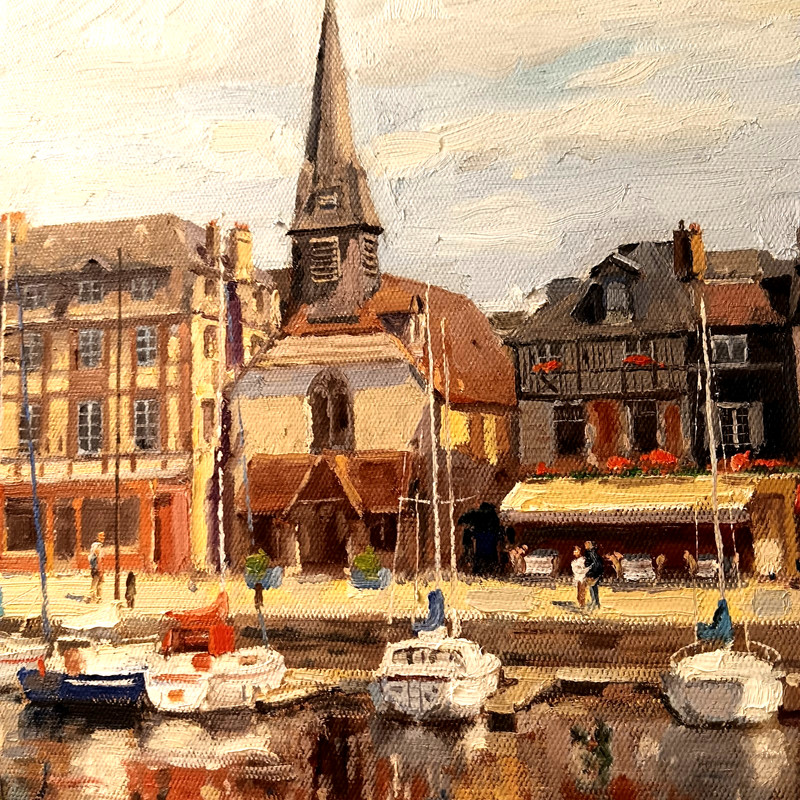 "HARBOR AT HONFLEUR, NORMANDY, FRANCE" Framed Oil Painting on Canvas. signed gallery