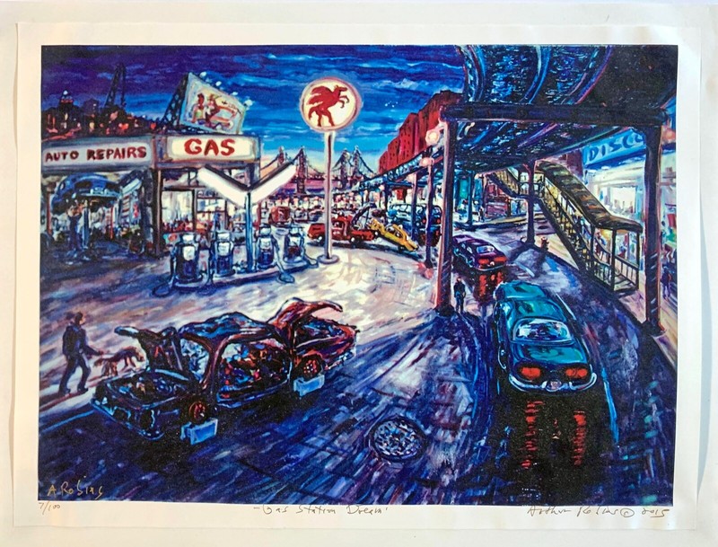 GAS STATION DREAM Original Print Arthur Robins Oil Painting NYC subway cars taxi gallery