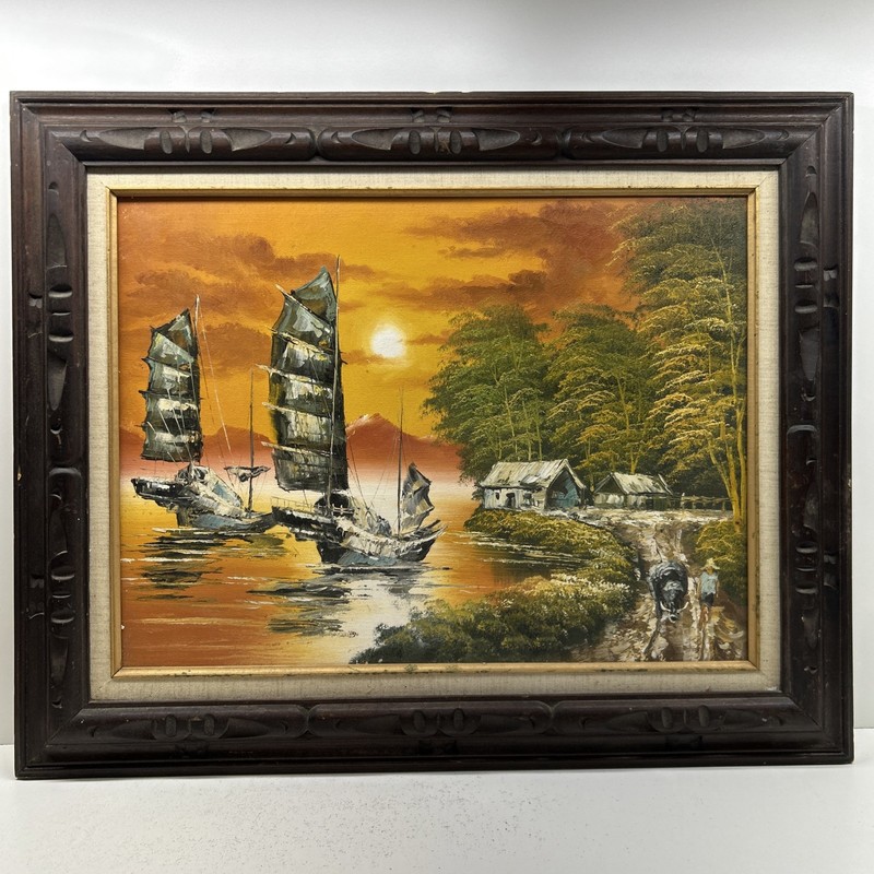 Vintage Nautical Chinese Junk Boat Seascape Oil Painting on Canvas by P. Wong