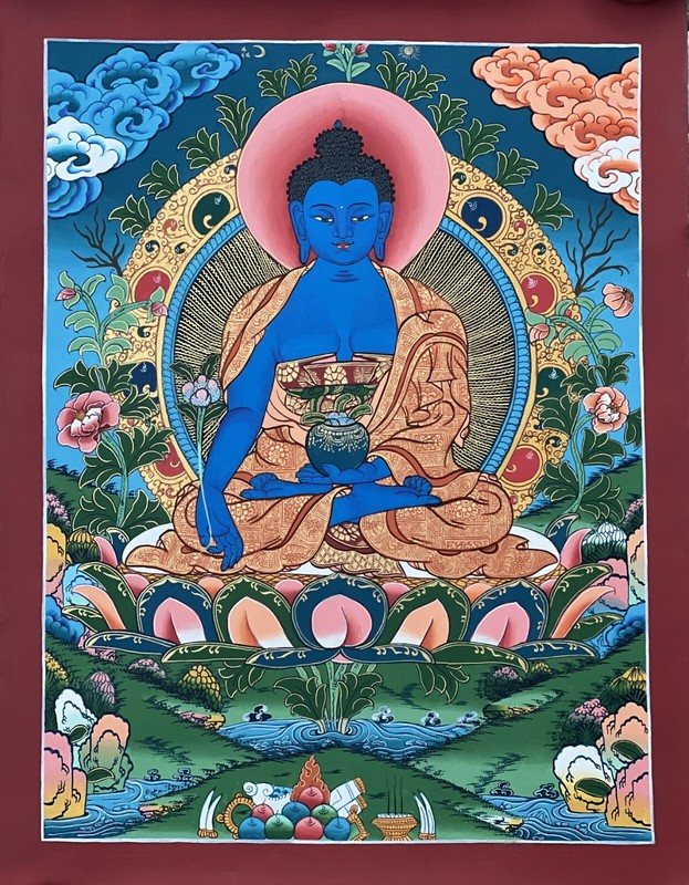 ORIGINAL HAND-PAINTED MEDICINE BUDDHA/MASTER TIBETAN THANGKA / THANKA PAINTING