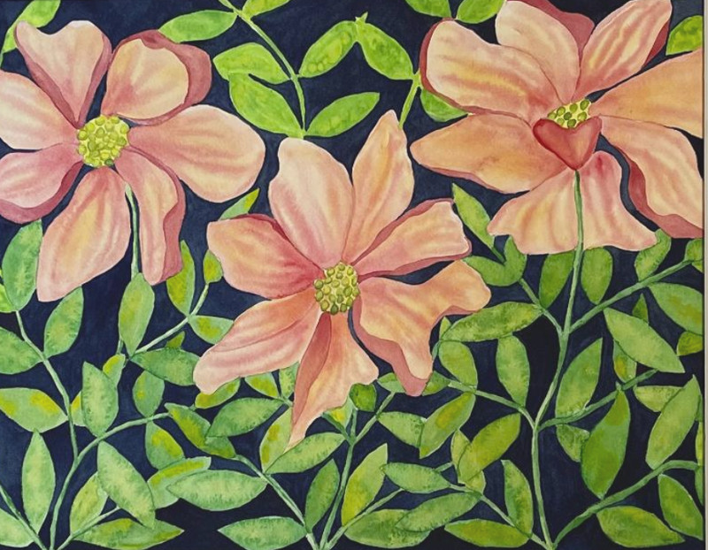 PAINTING WATERCOLOR ART COSMOS FLOWERS ORANGE PINK RED 11X14 & DOUBLE MAT 16X20