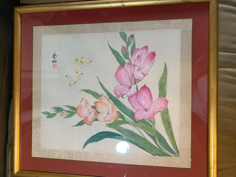 Vintage Asian»Flowers And Butterflies Scene» Watercolor On Rice Paper #1- Framed