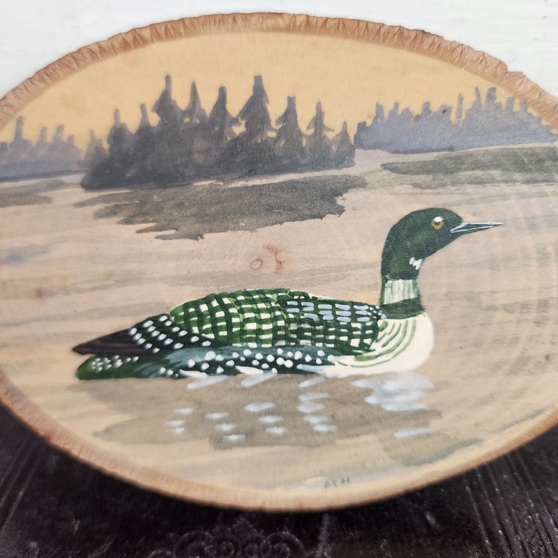 VTG Rustic Loon Duck Original Folk Art Painting Wood Slab Live Edge Signed Cabin gallery