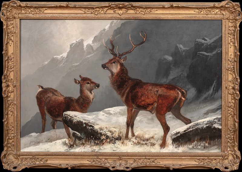 Large 19th century Scottish Highland Stag & Doe In Winter by Clarence Henry Roe