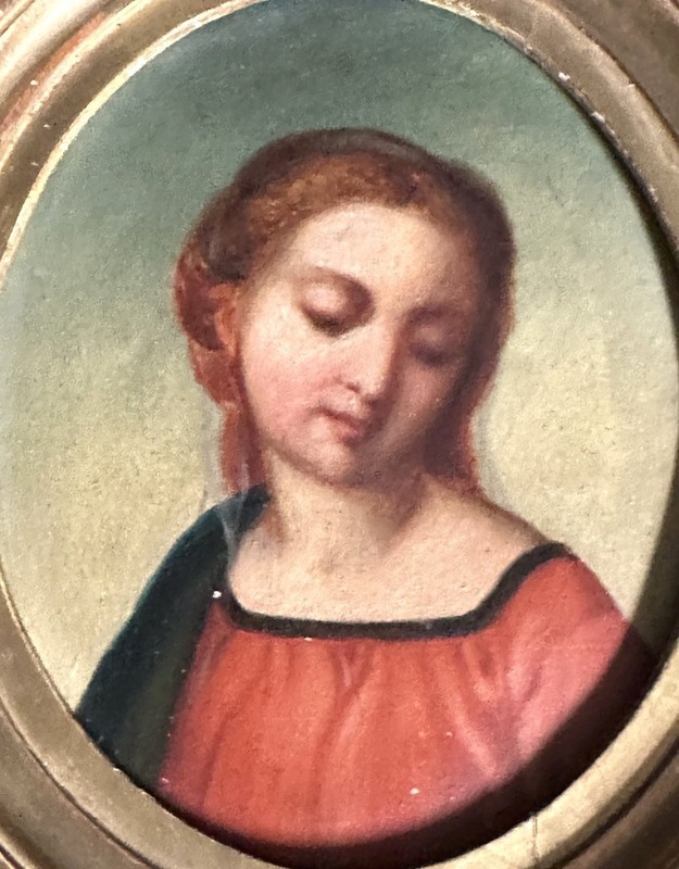 Antique Religious Unique Oil on Cardboard Painting Madonna Oval Frame 19th C