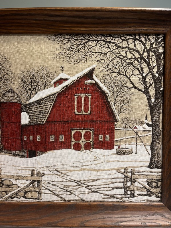 Hand Printed Red Barn Snow Linen Framed Wall Art. 16” gallery