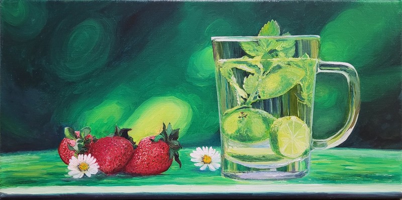 Original Lime Strawberry Oil Painting 10x20x3/4 Inches Linen Stretched Canvas