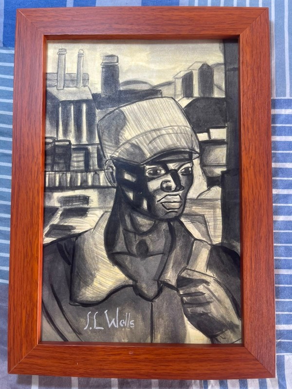 JAMES LESESNE WELLS DRAWING ON ANTIQUE PAPER, FRAMED ON WOOD, SIGNED AND SEALED