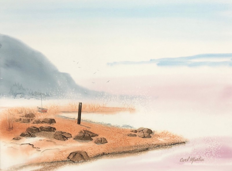 Carl Martin, «Cabin in The Mist» original watercolor painting on Arches paper