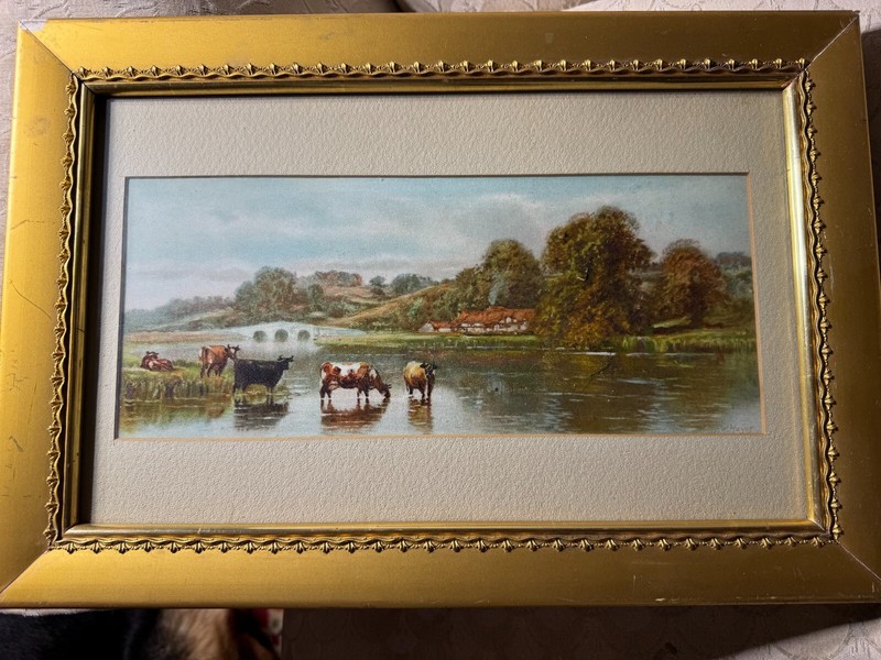 Frederick William Hayes (1848 – 1918) «Cattle By River» Mixed Media Painting