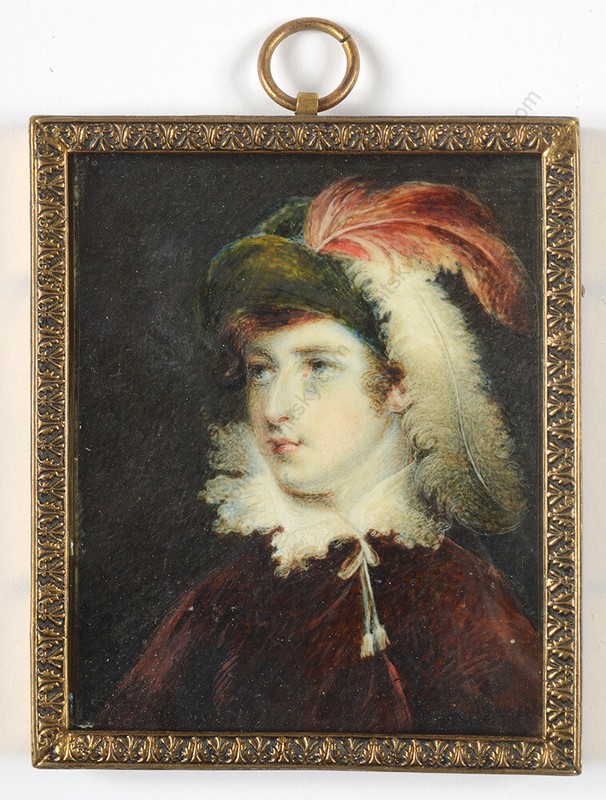 «Young lady with a feathered hat», English miniature, ca. 1790