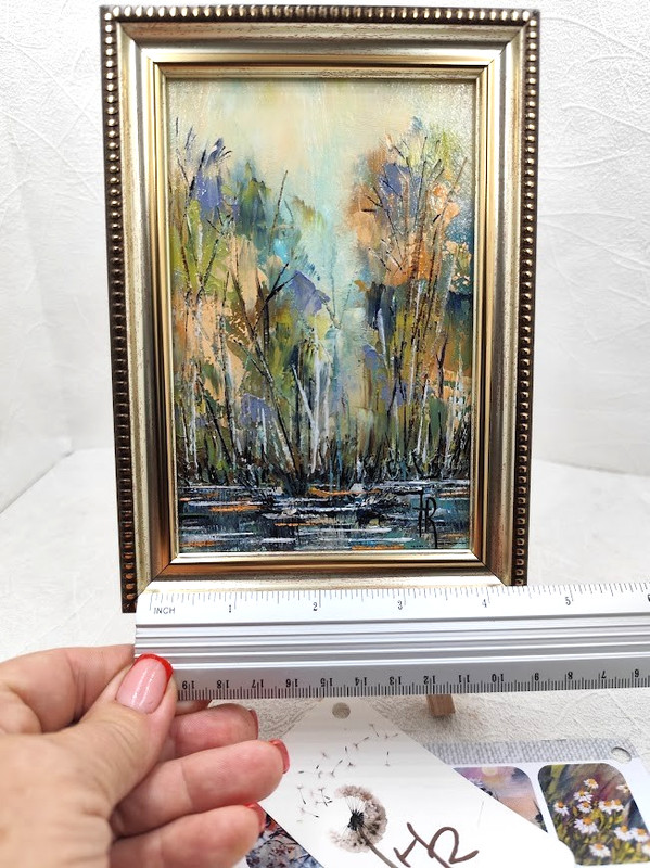 Original Oil Painting 4x6 in Framed Signed Abstract Forest Landscape Impasto Art gallery
