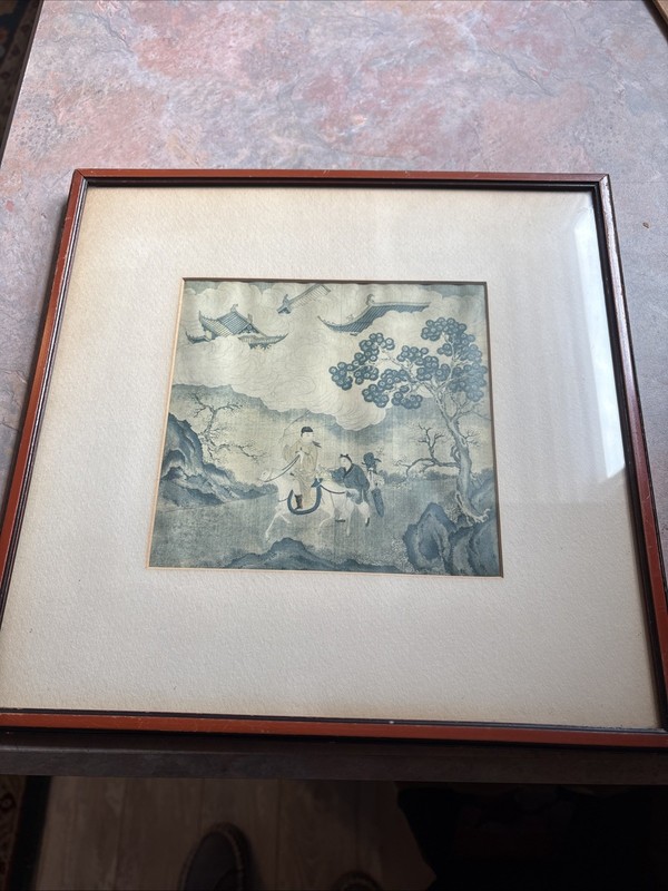 ASIAN ART PRINT Original CHINESE Green Blue Circa 1910 Genre Painting FRAMED