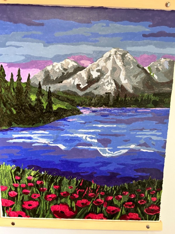 Mountain, Lake surrounded by Flowers in Acrylic -16″x20″ Wood & leather frame