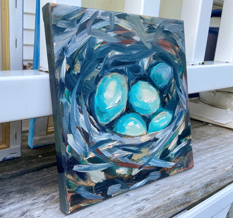 Oil painting ORIGINAL art Eggs blue jay nest artwork small wall art 8x8" gallery