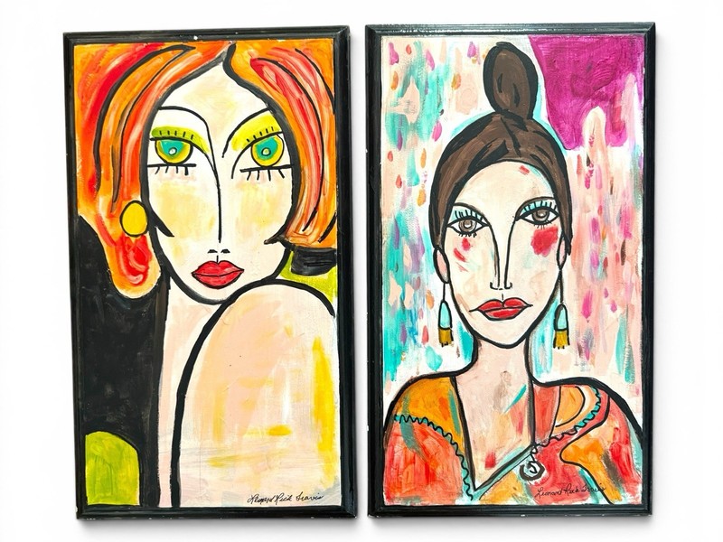 Leonard Rick Travis Original Pair Women Portrait Paintings Palm Springs Art MCM