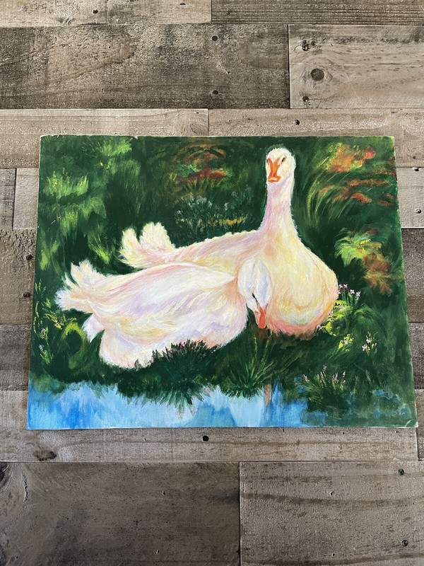 Oil on Canvas Painting Goose Pair Swan Unsigned Student Work 20 x 16 Original