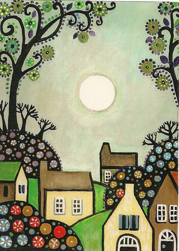 5×7 PRINT OF PAINTING ABSRACT FOLK ART HOUSES TREES RYTA FLOWERS Whimsical 🌺