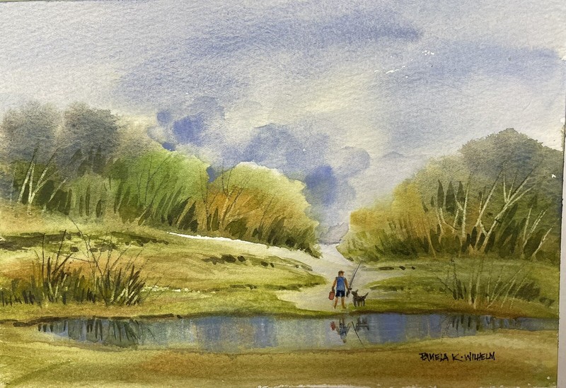5×7 Original Watercolor Pamela Wilhelm Fishing At The Summer Pond Reflections