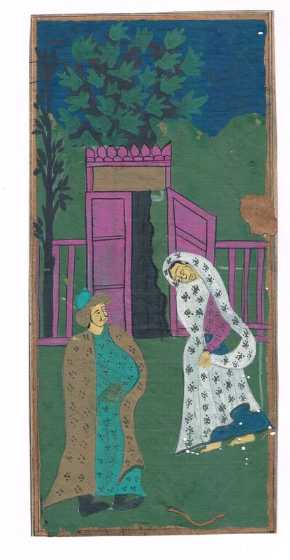 Vintage Indian Art Miniature Painting Of Man & Woman Fine Art On Paper 4×8.5″