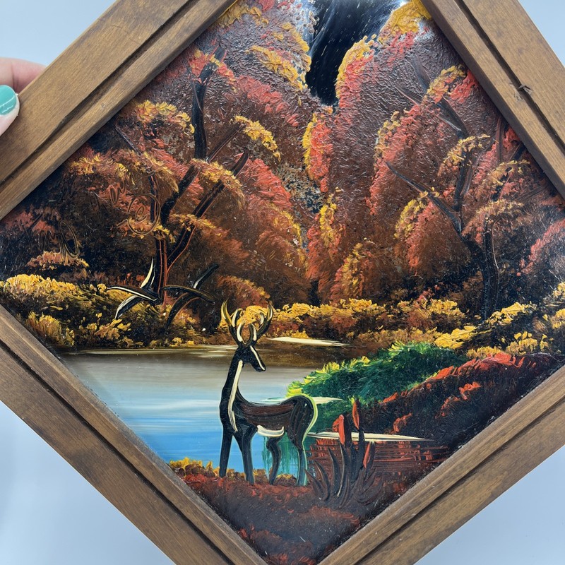 Country Deer Painting On Mirror 14” X 14 ” Autumn Trees Signed Framed