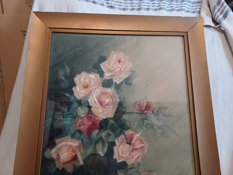 PRETTY ANTIQUE VICTORIAN PINK RED ROSES FLORAL WATERCOLOR LARGE PAINTING gallery