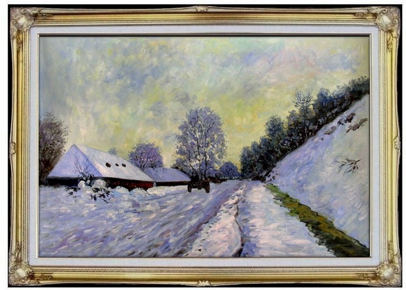 Framed Monet Snow-Covered Road at Honfleur Repro, Quality Oil Painting 24x36in
